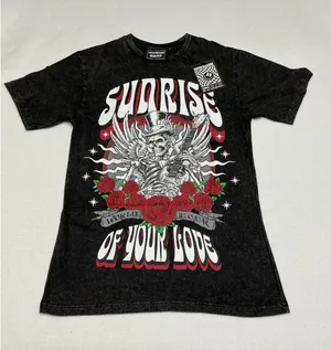 Super Massive Sunrise Graphic T-Shirt Small Black Acid Wash Skeleton Guitar NWT thumbnail 1