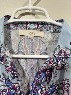 LOFT Light Blue & Blue Paisley Button Front Midi Dress Size XS thumbnail 4