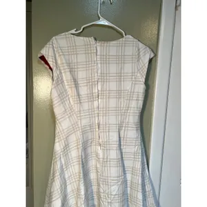 Women's Midi A-Line Dress White Beige Plaid Red Lined Split Neck Cap Sleeve Zip thumbnail 8