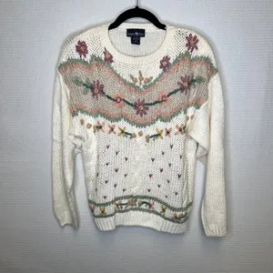 Hunters Run Vintage Floral Embroidered Knit Sweater Cream Ramie Blend Womens M‎ thumbnail 2