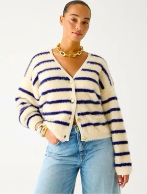 J. Crew lady jacket brushed cardigan stripe cream blue‎ gold button thumbnail 1