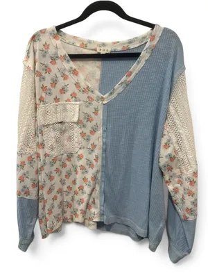 L POL Light Blue and Floral Patchwork V-Neck Top thumbnail 2