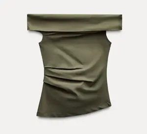 Zara Dark Khaki Green Ruched Elasticized Top thumbnail 1
