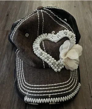 Olive & Pique Beaded Floral Heart Cap Brown Denim Y2K thumbnail 1