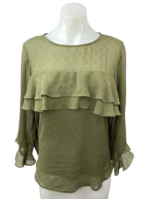 Dorothy Perkins Women's Olive Green Metallic Chiffon Ruffle Blouse Top Size 12 thumbnail 1