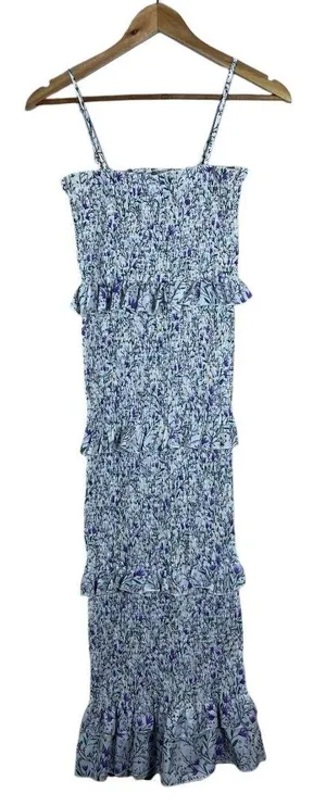 Beginning Boutique Smocked Floral Tiered Maxi Dress White Purple Boho Size M thumbnail 1