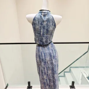 Women Two Piece Cheongsam Outfit Halter Neck Top & Midi Skirt Set Embroidery Frog Button Slit Skirt thumbnail 4