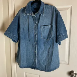 Zara Short Sleeve Denim Shirt Medium Indigo Snap Button Western Top M thumbnail 2