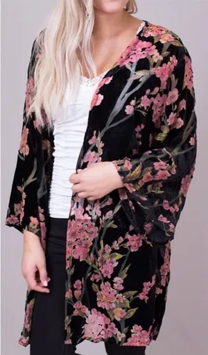 POL Cherry Blossoms Floral Burnout Velvet Kimono Cardigan Size Large‎ thumbnail 1