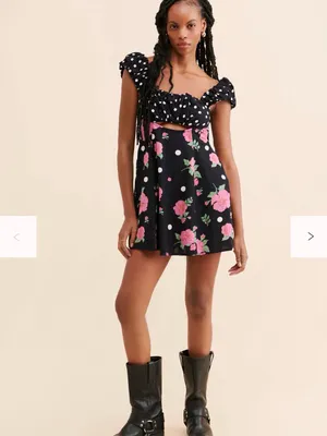 Free People Mixed Print Bom Bom Floral Cutout Mini Dress Black L thumbnail 2
