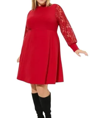 NWT Torrid Red At The Knee Jersey Lace Sleeve Mock Neck Skater Dress Size 1X thumbnail 2