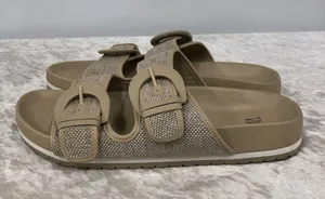 Time & Tru womens canvas size 9 beige & brown double strap slide on sandals thumbnail 4