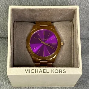 Michael Kors Watch Women Rose Gold Purple Slim Runway MK-3293 Luxe Chic EUC thumbnail 5