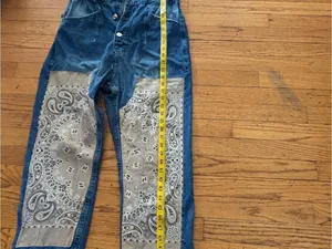 We The Free Blue Denim Short-Sleeve Jumpsuit with Tan Bandana Panels thumbnail 14