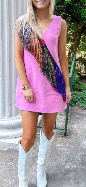 Queen of Sparkles Women Dress Medium Pink Diagonal Metallic Fringe Party Event thumbnail 1