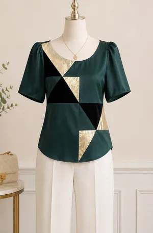 Line & Dot 100% Silk Geometric Shimmer Blouse Emerald Green XS thumbnail 1