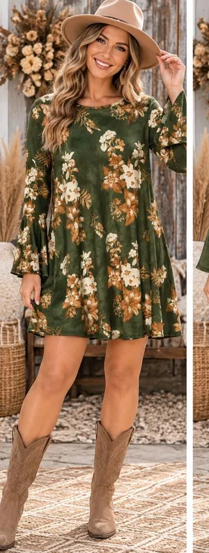 Olive Green Floral Bell-Sleeve Mini Dress thumbnail 1