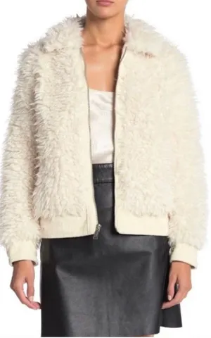 Zip Front Faux Fur Jacket in Cream thumbnail 1