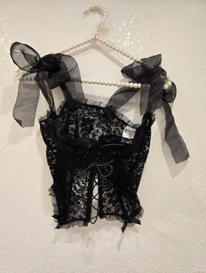 Lace Sheer Corset Top Ribbon Straps Black L thumbnail 4