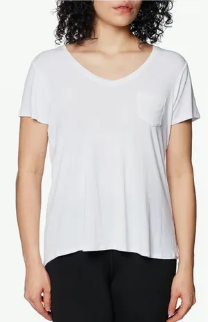 Prana V-Neck Pocket T-Shirt Womens Large White Modal Blend High Low Hem thumbnail 1
