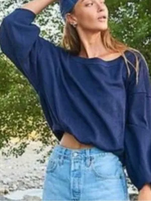 Women’s Free People Cuddle Bubble Mixed Knit top Navy Size Small thumbnail 1