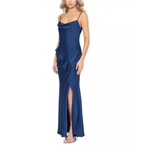 Aqua Formal Women’s Ruffle Maxi Dress Blue Satin Size 8 Bias Cut Homecoming HoCo thumbnail 4