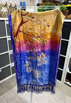 Vibrant Christian Scripture Floral Ombre Hand Rolled Silk Scarf with Fringe thumbnail 1