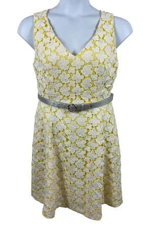 ModCloth 1960s Inspired Floral Lace Fit & Flare Dress Yellow White Belted L thumbnail 1