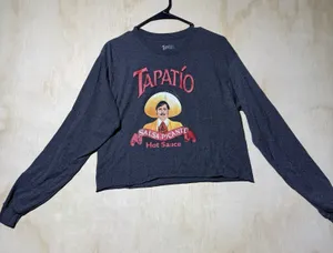 Tapatio Womens M Crop Top Long Sleeve Hot Sauce Graphic Tee Gray Raw Hem thumbnail 1