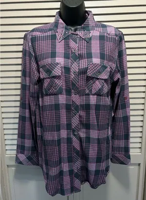 O'Neill Long Sleeve Shirt Pink/Gray Plaid‎ Size Medium Button Up Studs thumbnail 1