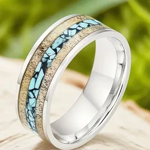 Men’s 8mm Stainless Steel Silver Deer Horn w/ Crushed Turquoise Inlay Band S 13 thumbnail 1