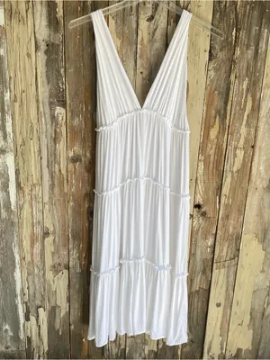Raviya white deep V tiered maxi dress swim cover up beachwear vacation M thumbnail 5