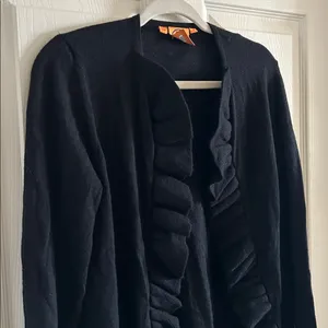 Tory Burch Black Merino Wool Ruffle Trim Open‎ Front Cardigan Sweater Sz Med thumbnail 2