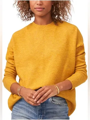 Vince Camuto Ribbed Center Seam Drop Shoulder Crew Neck Sweater Mustard Medium thumbnail 1