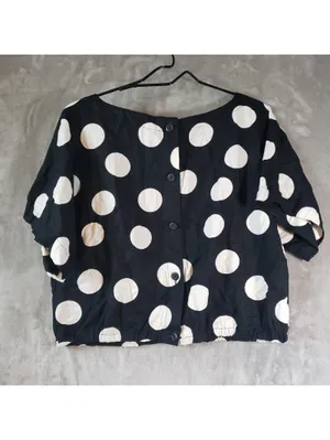 Tabitha Brown Polka Dot Woven Linen Rayon Button Back Blouse Size L Black Size L thumbnail 2