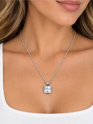 Estate FAS Thai Sterling Silver Princess Cut CZ Solitare Pendant SS Plate Chain thumbnail 2