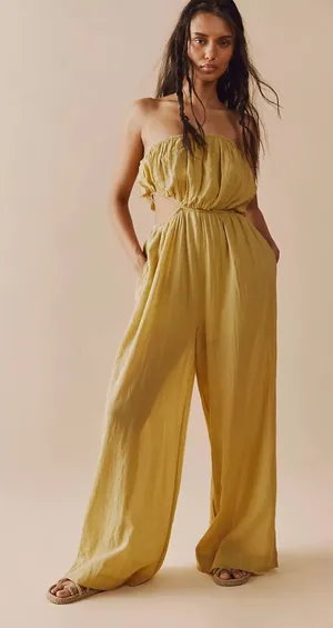 Free People Cut Out For It Strapless Jumpsuit Yellow Gold Hippie Boho Flowy thumbnail 1