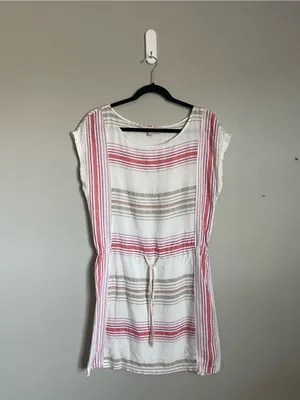 LOFT | White Striped 100% Linen Drawstring Waist Mini Dress Sz S thumbnail 2