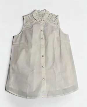 Promod Women's White 100% Cotton Sleeveless Lace Yoke‎ Button Down Blouse thumbnail 1