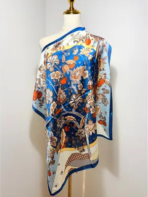 Elegant Blue Scarf with Orange and Beige Floral Pattern, Versatile Square thumbnail 2