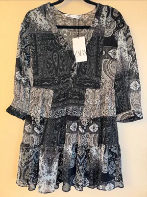 NEW! ZARA Black Gray Paisley Tiered Mini Dress SMALL Semi Sheer Balloon Sleeves thumbnail 1