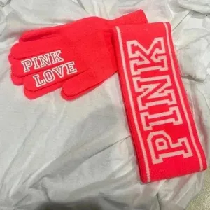 Victoria's Secret Pink Knit Headband and Gloves Set Neon Coral Pink Logo thumbnail 2