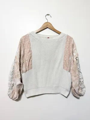 Anthropologie Pilcro Martine Peasant-Sleeve Sweater Boho Blush Medium Patchwork thumbnail 2
