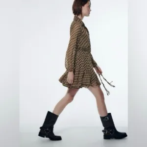 Zara | Dresses | Zara Retro Geo Print brown & Black button down tie dress XS thumbnail 5