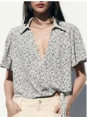 NWOT Zara Cream Floral V-Neck Tie-Side Blouse Size XS thumbnail 1