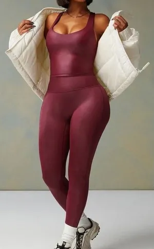 Fabletics Anywhere Shine Leggings Tank Top Matching Set Maroon Small thumbnail 1