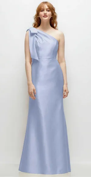 Alfred Sung Bow One-Shoulder Satin Trumpet Gown Sky Blue size 4 thumbnail 1
