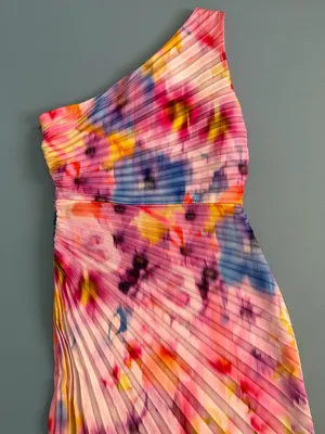 NWT Belle Badgley Mischka Kelsey Pleated Pink Multi Asymmetric Midi‎ Dress thumbnail 4