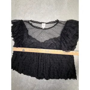 Maeve Anthropologie Black Ruffled Tulle Lace Blouse Sheer Polka Dot Mesh Top L thumbnail 7