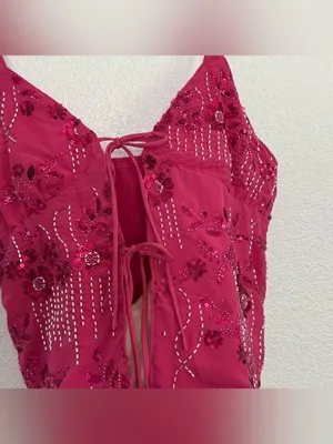 New 2000s Y2k Style Pink Sequin Beaded Tie Front Top Medium thumbnail 3
